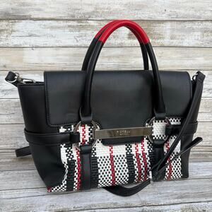 Fiorelli Barbican Flapover Tote Purse Black Faux Leather Plaid Preppy Classic